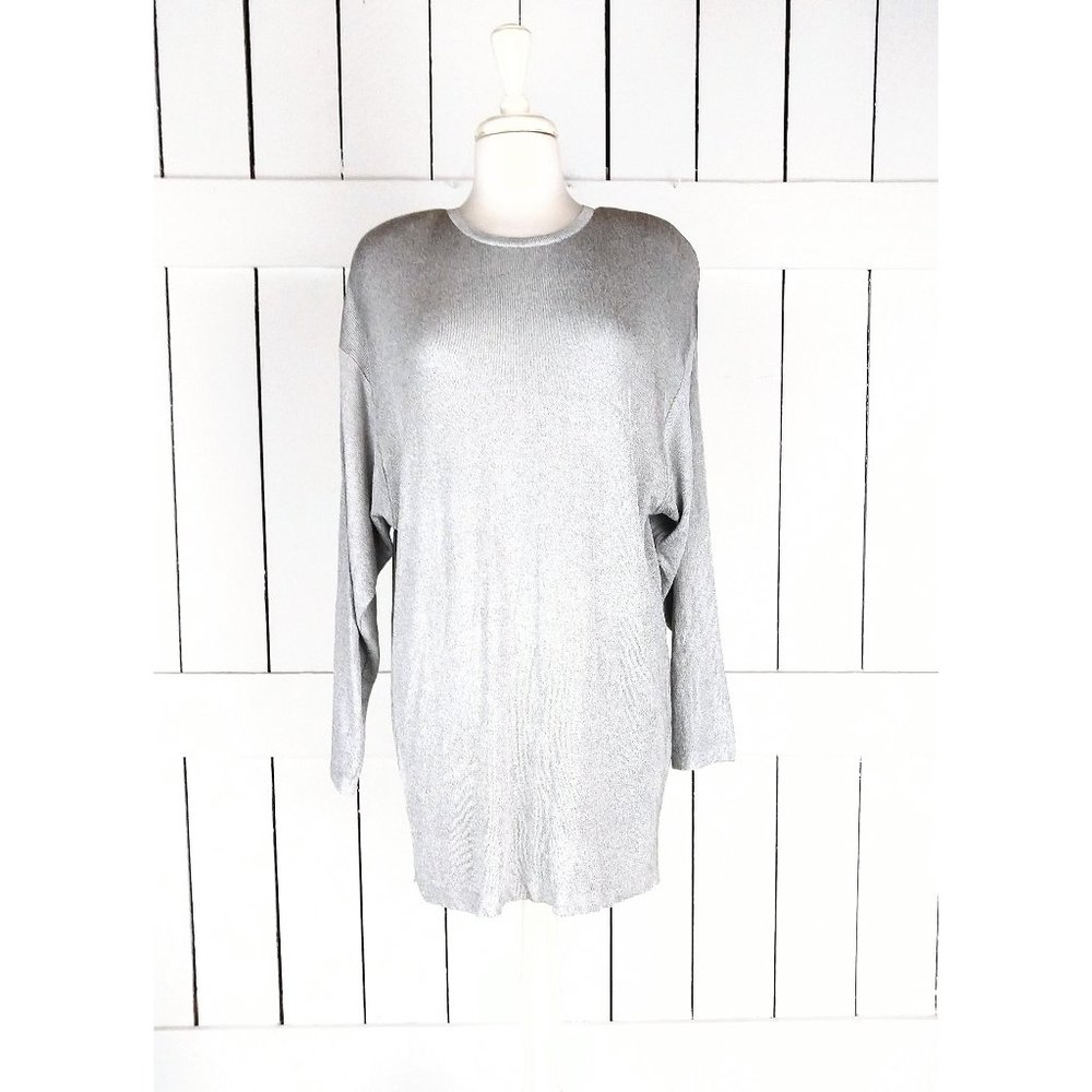 Vintage Classiques silver grey long sleeve slinky pullover ribbed tunic top larg